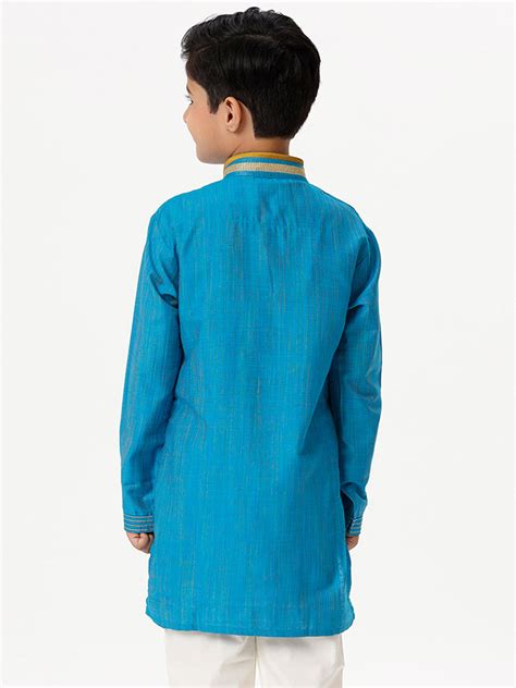 Boys Cotton Embellished Neckline Full Sleeves Sky Blue Kurta-Back view