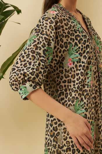 Buy Green Cotton V-neck Leopard Print Gauze Braided Kaftan For Women by ...
