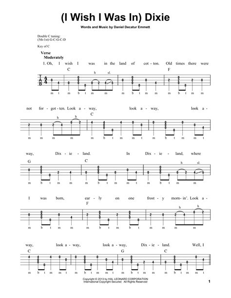 (I Wish I Was In) Dixie by Daniel Decatur Emmett Sheet Music for Banjo ...