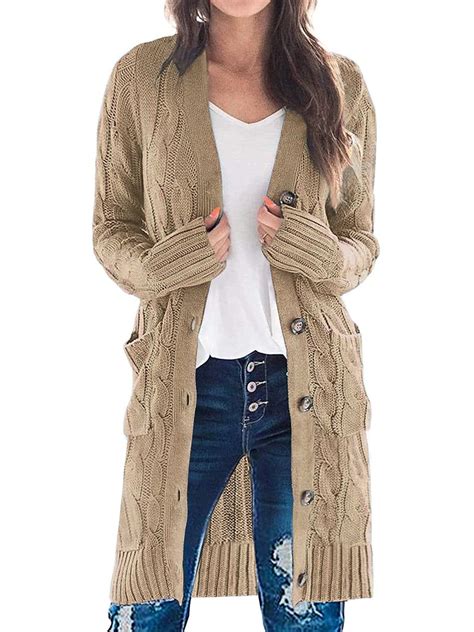 Womens Long Sleeve Button Cable Knit Sweater Open Front Cardigan Loose ...