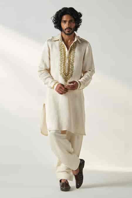 Buy Ivory Linen, Satin Embroidery Mehul Dori Neck Pathani Kurta With ...