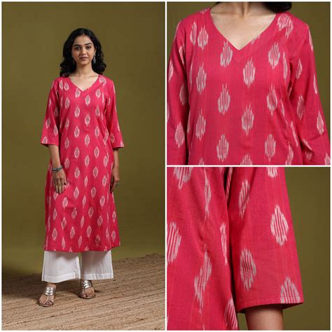 Pink Cotton A-Line Pochampally Ikat Kurta for women