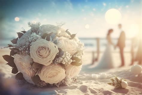 White roses bouquet on beach with blur a couple wedding background ...