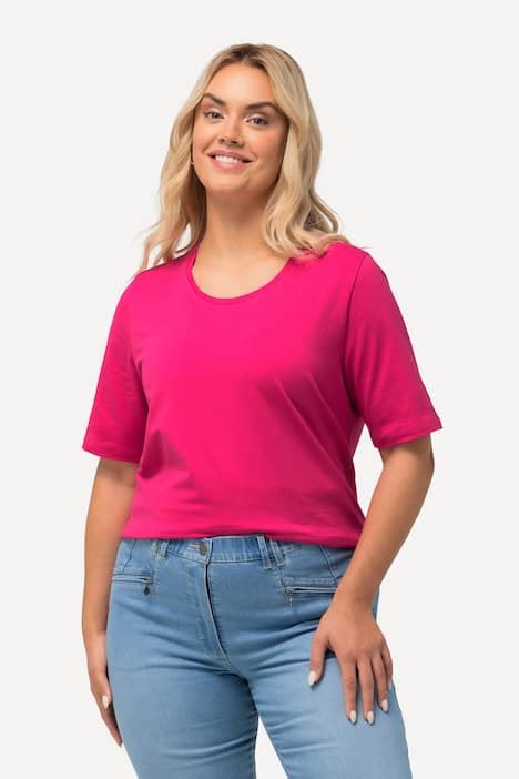Basic Round Neck Short Sleeve Relaxed Fit Tee, magenta pink | Ulla Popken