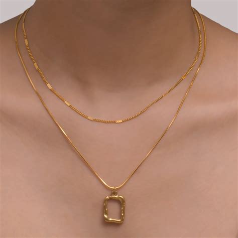 Artklim Gold Plated Hollow Square Pendant Double Layered Necklace