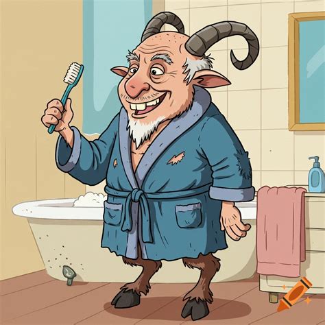 Cartoon of a half man, half goat creature in a bathrobe holding a ...