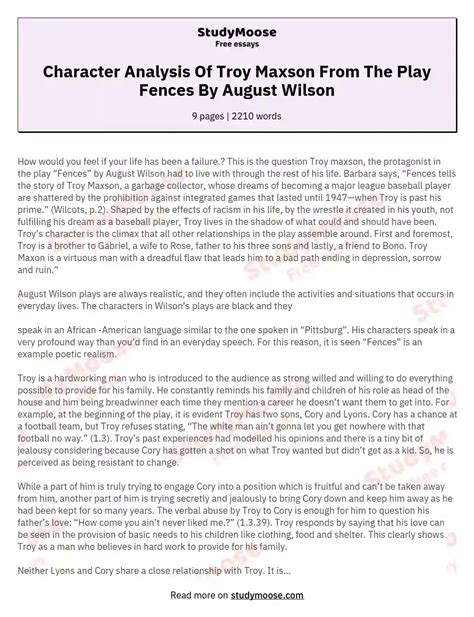 Troy Maxson's Character Analysis in Fences by August Wilson