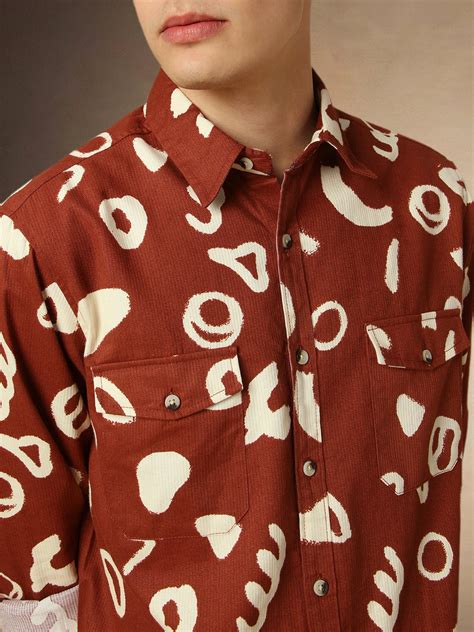 Men's Rust Printed Spread Collar Full Sleeves Relaxed Fit Shirt ...