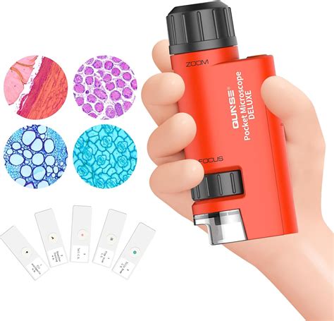 QUNSE Pocket Mini Small Microscope, 60x-120x Handheld Microscope LED Lighted Zoom with 5pcs ...