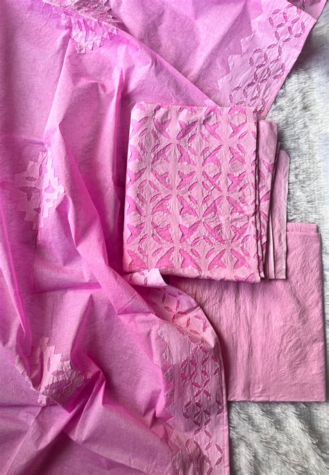 Baby Pink Barmer Applique Cut Work Cotton 3pc Suit Material Set – Desisass