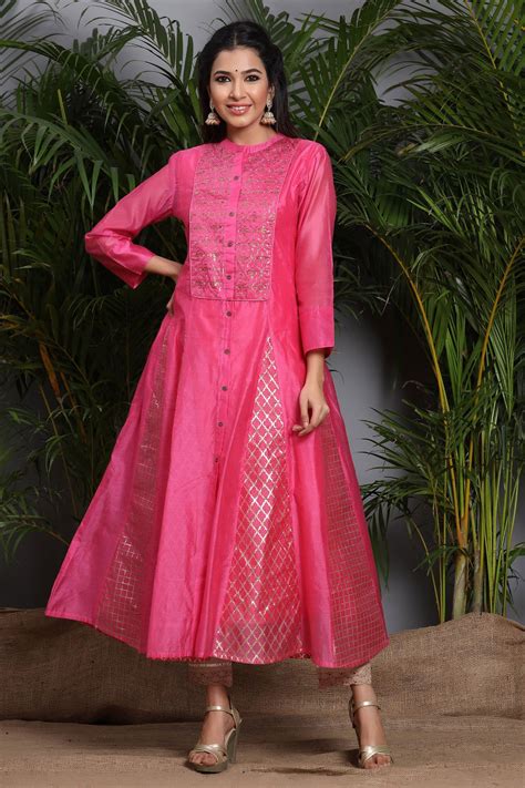 Fuchsia Ethnic Motif Chanderi Embellished Anarkali Kurta | Juniper Fashion