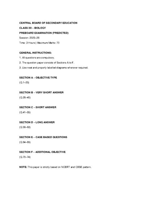 Class 12 Biology Preboard Predicted Paper - CENTRAL BOARD OF SECONDARY ...