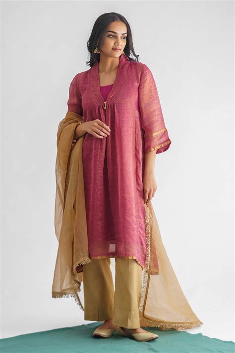 Shop Plum Hand-Embroidered Zari Stripe Kurta Set (Set of 3) by MUSHIO ...