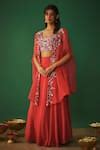 Buy Red Organza, Crepe Embroidery Round Neck Cape Lehenga Set For Women ...