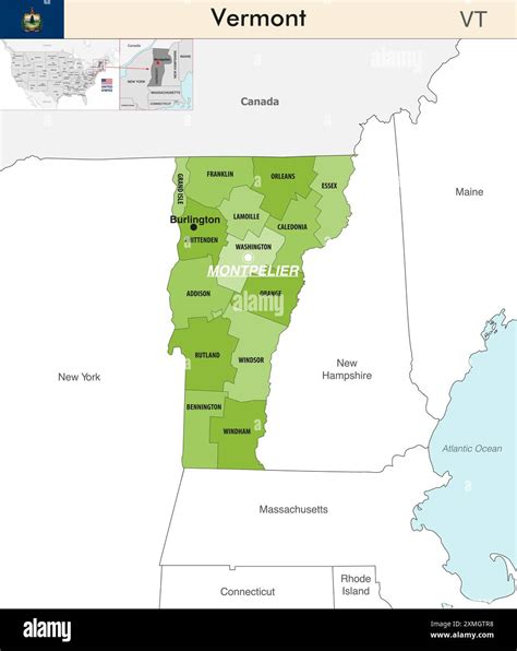 Vermont state map with counties borders. Vermont's at-large congressional district. Flag of ...