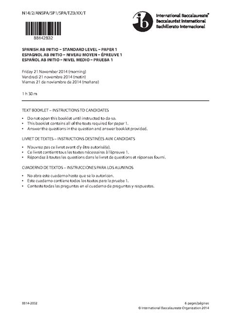 Spanish ab initio paper 1 text booklet sl spanish - 8814-2832 6 pages ...