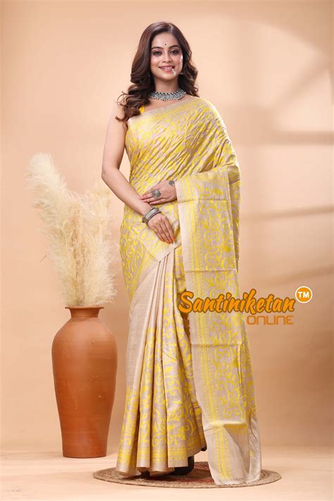 Pure Gachi Tussar Silk Kantha Stitch Saree – Santiniketan Online