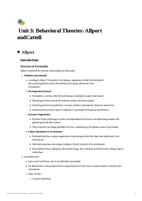 Unit 3 Behavioral Theories Allport and Cattell - 🎭 Unit 3: Behavioral ...
