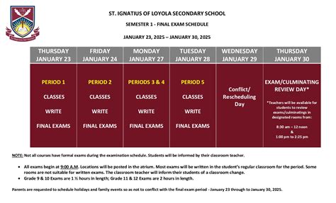 Semester 1 - Final Exam Schedule | St. Ignatius of Loyola Catholic ...