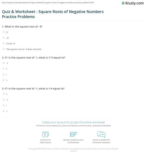 Quiz & Worksheet - Square Roots of Negative Numbers Practice Problems ...
