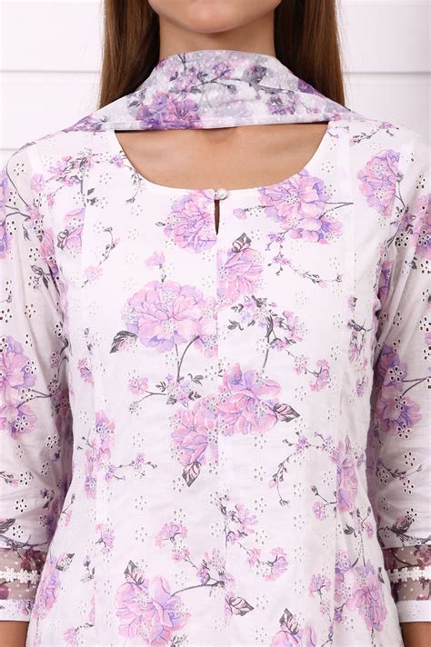 Buy White Floral Printed Schiffily Embroidered Pure Cotton Anarkali ...