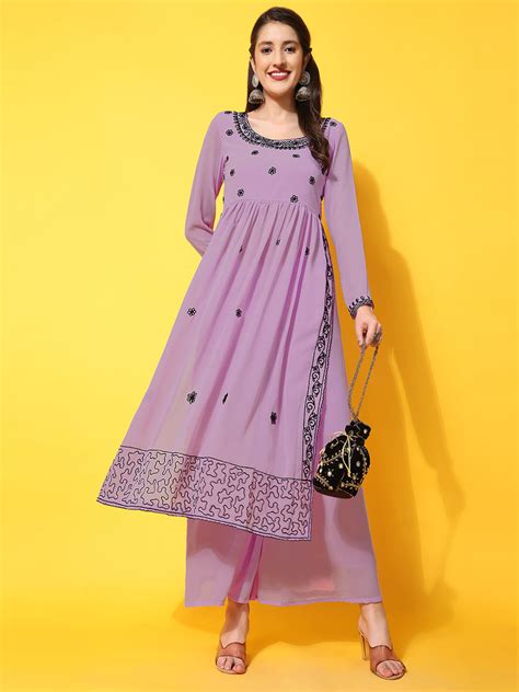 Poshak Hub Women Lavender georgette Aari work A-Line Kurta with Sharar ...