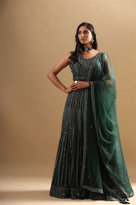 Bottle Green Mirror Embroidered Bridal Lehenga – Rang Roop Online