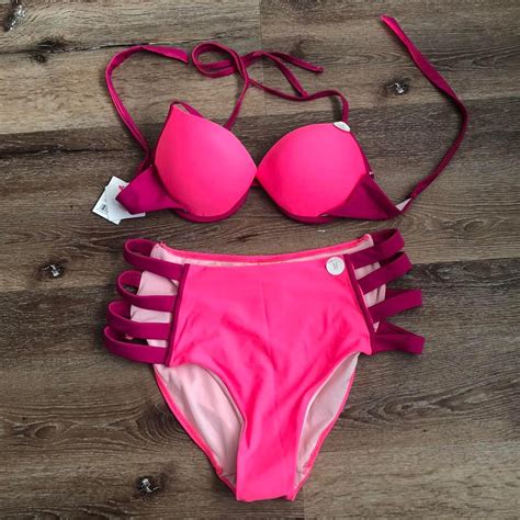 Neon pink high waisted swimsuit two piece.... - Depop
