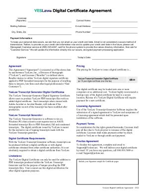 Fillable Online YESLaw Digital Certificate Agreement Fax Email Print ...