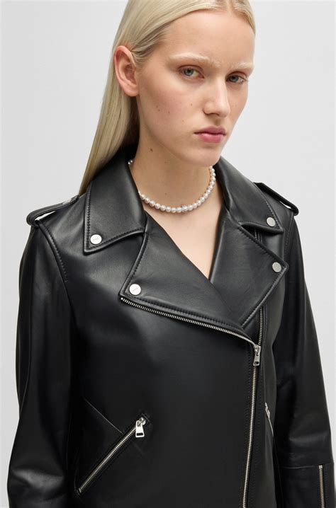 HUGO - Regular-fit biker jacket in leather with asymmetrical zip - Black