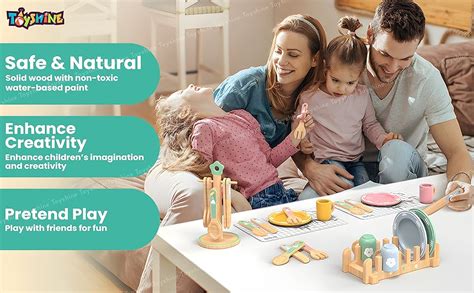 Buy Toyshine 22pc Wooden Dinnerware Kitchen Utensils Pretend Play Toy ...
