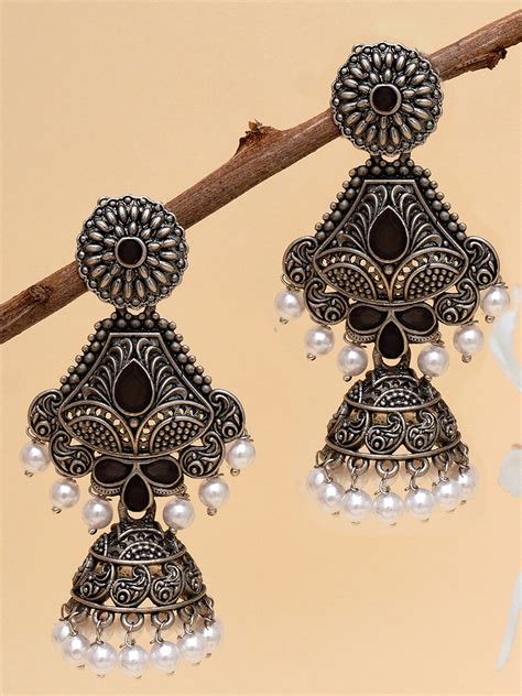 Karatcart Oxidised Silver Handcrafted Black Dangler Jhumki Earrings fo