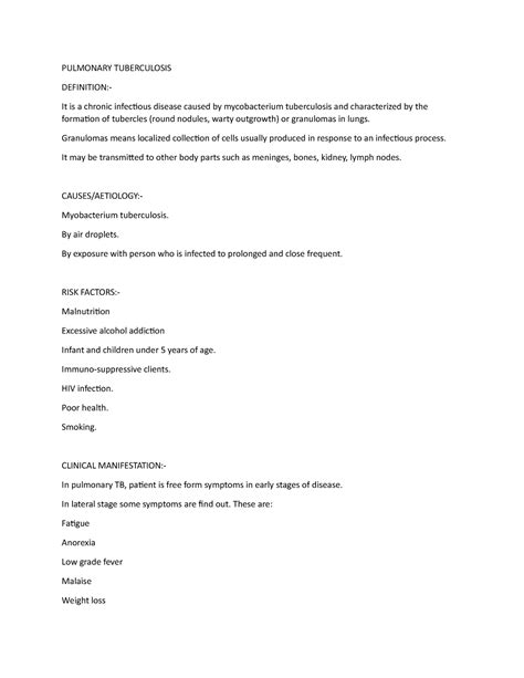 Pulmonary TB - PULMONARY TUBERCULOSIS DEFINITION:- It is a chronic ...