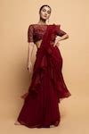 Buy Maroon Organza, Net, Georgette Beads, Cut Dahlia Pre-draped Ruffled ...