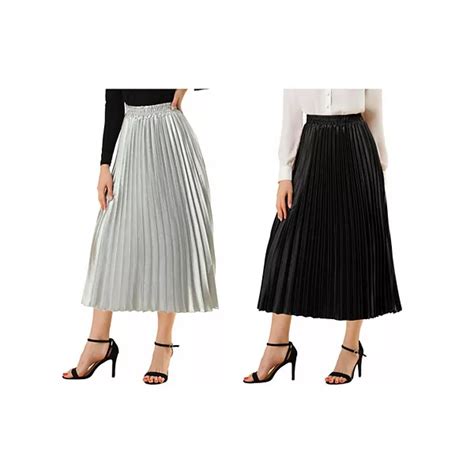 2 Packs Women's Elastic Waist Metallic Shiny Accordion Pleated Midi Skirt