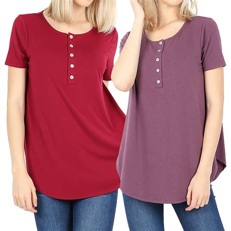 Women & Plus Short Sleeve Dolphin Hem Relaxed Fit Henley Tee Shirt Top ...