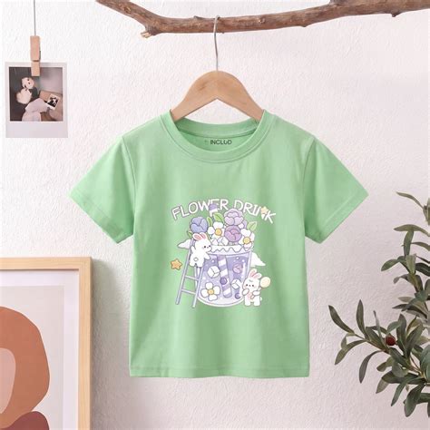 Girls Green Bunny Floral Graphic Round Neck T-Shirt – INCLUD