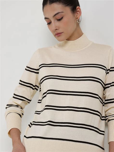 Buy Off White LivSoft Striped High Neck Sweater Online | FableStreet