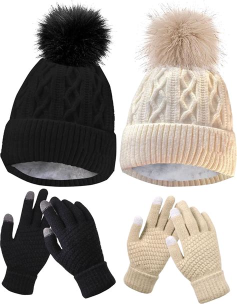 4 Pieces Hat and Glove Set for Women,Winter Hat Touchscreen Gloves ...