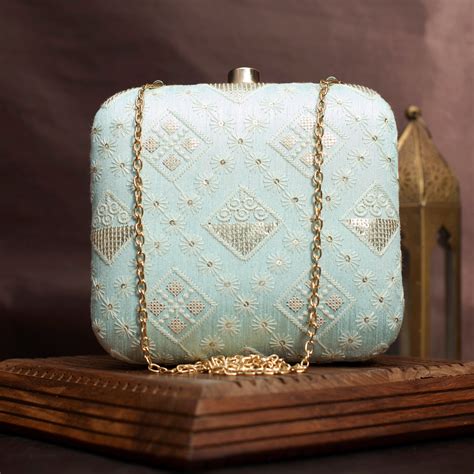 Sky Blue Threadwork And Sequins Embroidery Clutch - Artklim