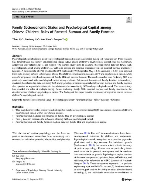 S10826-024-02946-4: Family SES, Parental Burnout, and Children's ...