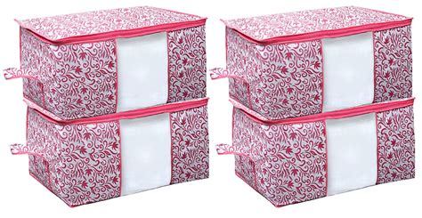 Heart Home Leaf Design Non Woven 4 Pieces Underbed Storage Bag, Storage ...