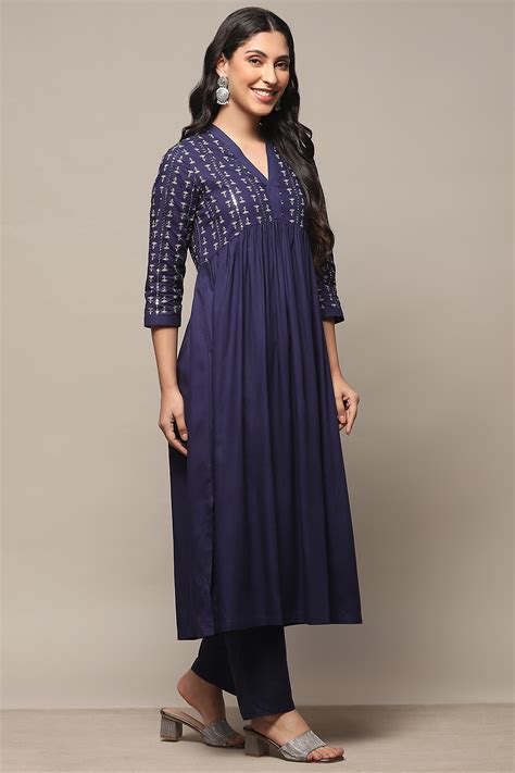 Navy Cotton Gathered Suit Set at Biba India