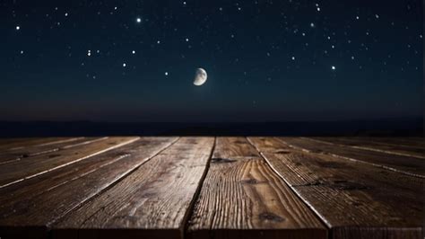Wooden platform against a star lit night sky with moonlight | Premium ...
