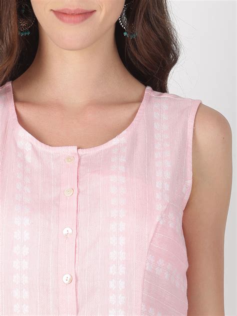 Light Pink Cotton Woven Design A-Line Dress - Saffron Threads