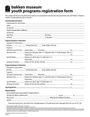 Fillable Online Youth Program Registration Form - Bakken Museum Fax ...