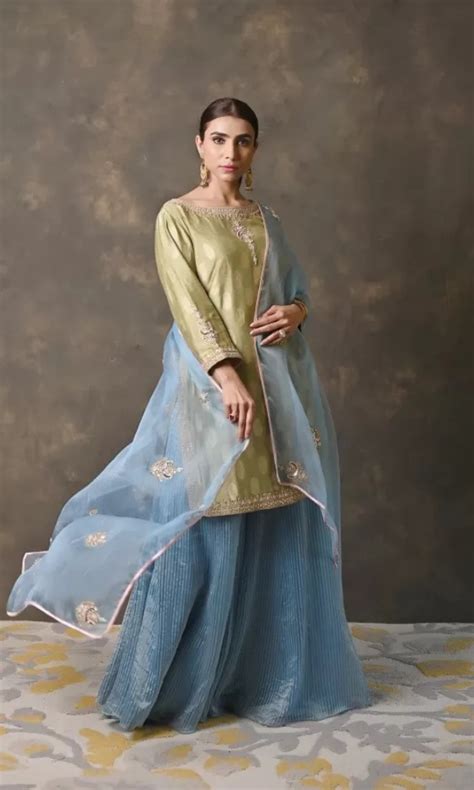 Mehndi Green & Sky Blue Banarasi Chanderi Sharara Set – Gotta Kinari