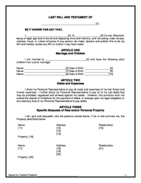 Bill Of Sale Form Maryland Last Will And Testament Form | pdfFiller