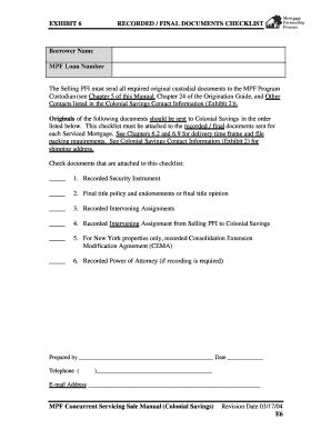 Fillable Online EXHIBIT 6 RECORDED FINAL DOCUMENTS CHECKLIST Borrower ...