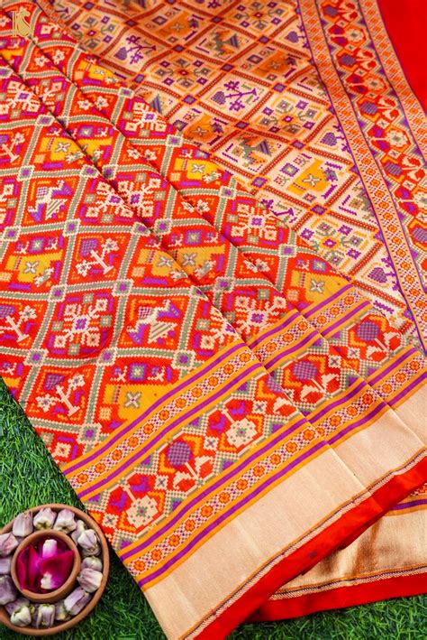 Orange Handwoven Pure Katan Silk Banarasi Patola Saree – Khinkhwab